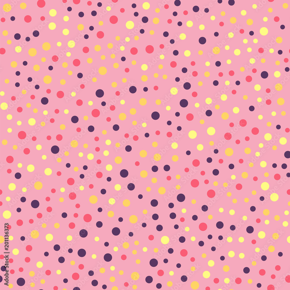 Colorful polka dots seamless pattern on bright 25 background. Interesting classic colorful polka dots textile pattern. Seamless scattered confetti fall chaotic decor. Abstract vector illustration. Colorful polka dots seamless pattern on bright 25 background. Interesting classic colorful polka dots textile pattern. Seamless scattered confetti fall chaotic decor. Abstract vector illustration.