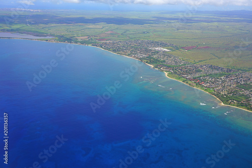 Aerial view of the Pacific Ocean coast in the Kihei area, Kealia Pond and Maalaea Bay in Maui, Hawaii © eqroy