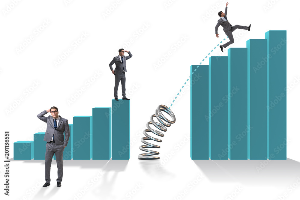 Business people jumping over bar charts Business people jumping over bar charts