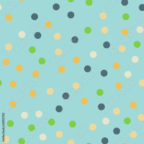 Colorful polka dots seamless pattern on bright 13 background. Amazing classic colorful polka dots textile pattern. Seamless scattered confetti fall chaotic decor. Abstract vector illustration.