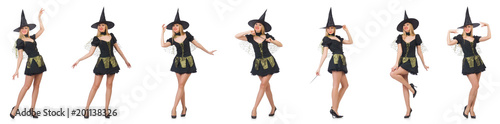 Fototapeta Beautiful witch in black dress isolated on white