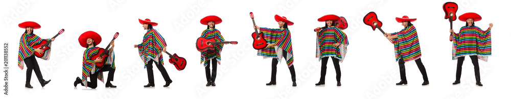 Mexican in vivid poncho holding guitar isolated on white Mexican in vivid poncho holding guitar isolated on white