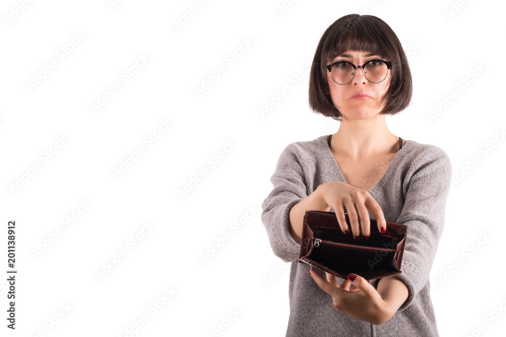 Broke Young Woman Showing Her Empty Purse