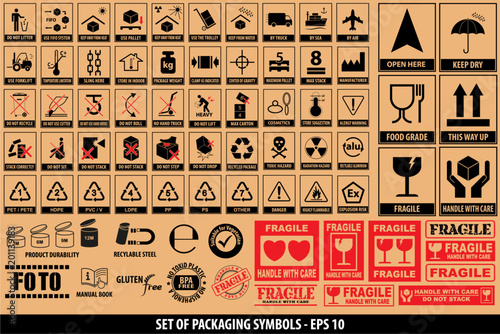 Set of packaging symbols, tableware, plastic, fragile symbols, cardboard symbols. ready for sticker, poster, and another printing materials. easy to modify.  photo