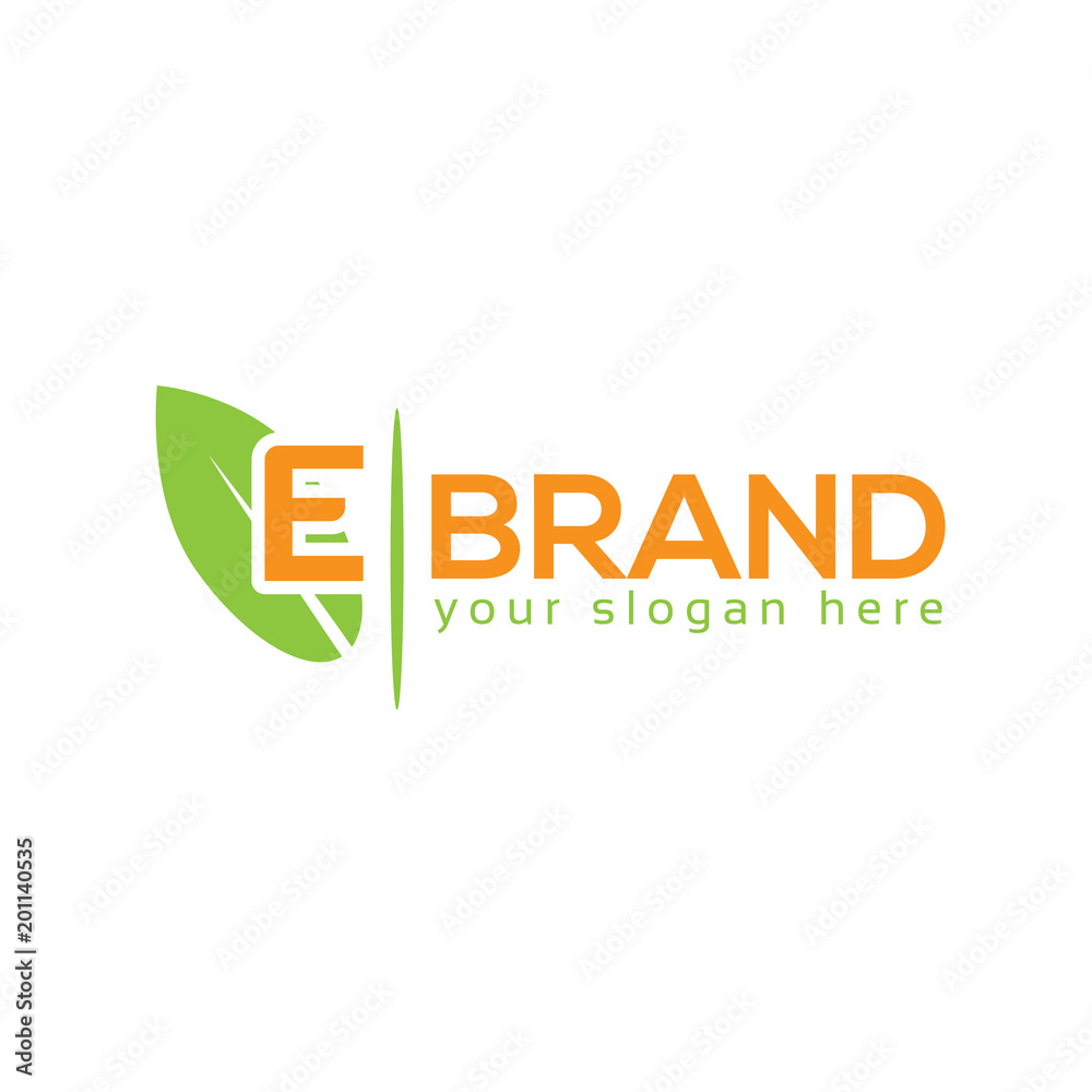 Letter E with leaf on white background. Logo Design Template. Flat design Letter E with leaf on white background. Logo Design Template. Flat design