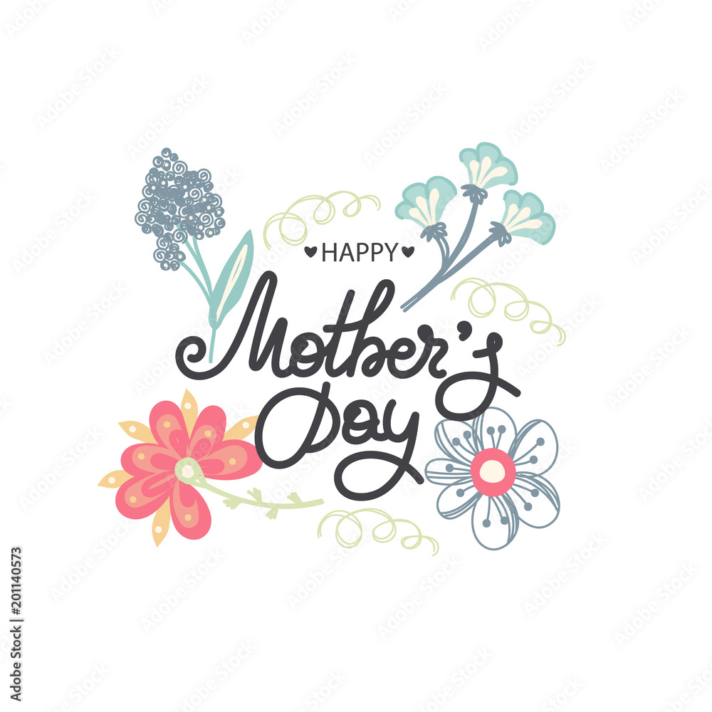 Happy Mother's day. Holiday of mom. Lettering with floral decoration. Frame of flowers. Women's celebration