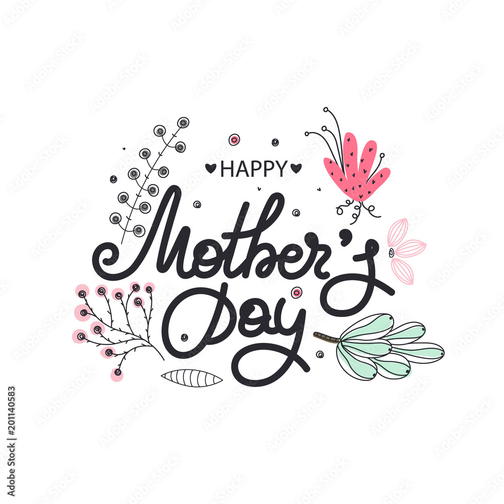 Happy Mother's day. Holiday of mom. Lettering with floral decoration. Frame of flowers. Women's celebration Happy Mother's day. Holiday of mom. Lettering with floral decoration. Frame of flowers. Women's celebration