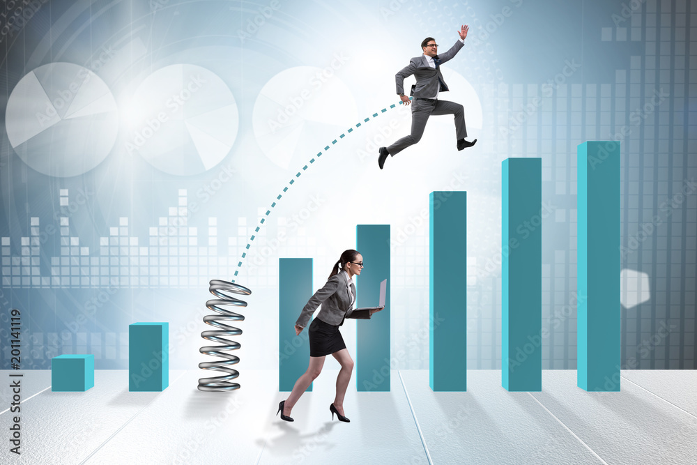 Business people jumping over bar charts Business people jumping over bar charts