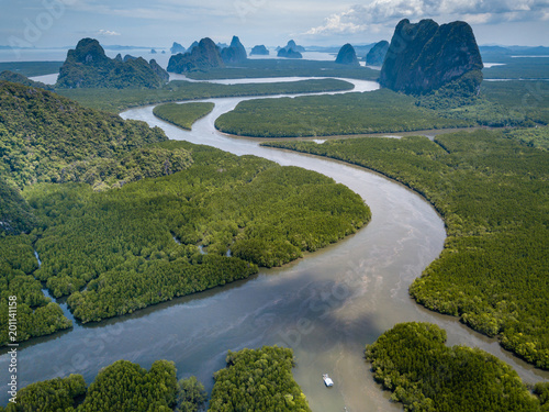 Aerial view of a huge natural mangrove forest with towering limestone cliffs (Phang Nga, Thailand)