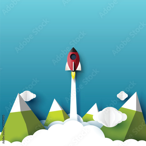 Rocket ship launch flying to the sky paper art style design.Business startup creative idea concept design.Vector illustration
