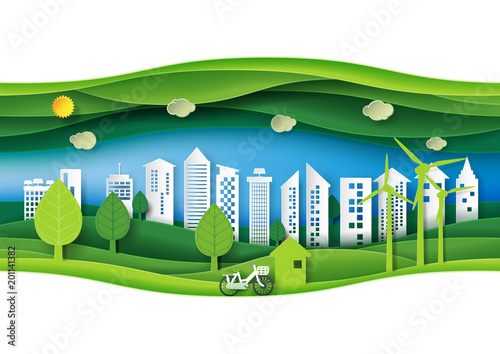 Green eco friendly urban forest with paper layer cut abstract nature background.Ecology and environment conservation concept design paper art style.Vector illustration.