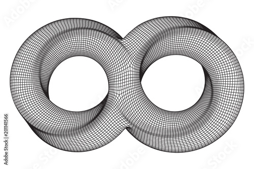 Mobius strip ring infinity sacred geometry. Spatial figure with upturned surfaces. Optical illusion with dual circular contour. Wireframe low poly mesh vector illustration.