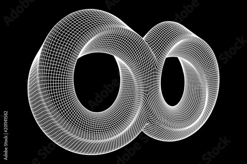Mobius strip ring infinity sacred geometry. Spatial figure with upturned surfaces. Optical illusion with dual circular contour. Wireframe low poly mesh vector illustration.