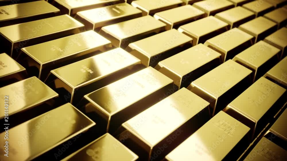 3D animation of wandering light rays on gold bars in film look color grading 3D animation of wandering light rays on gold bars in film look color grading