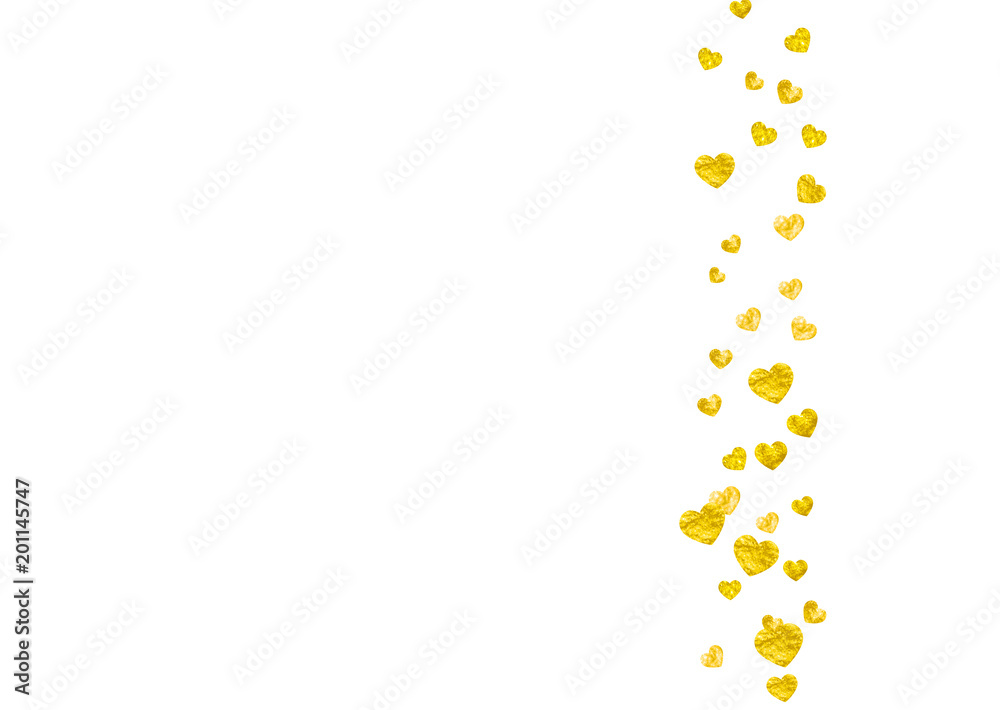 Bridal shower background with gold glitter hearts. Valentine day. Vector confetti. Hand drawn. Love theme for flyer, special business offer, promo. Wedding and bridal shower template with heart