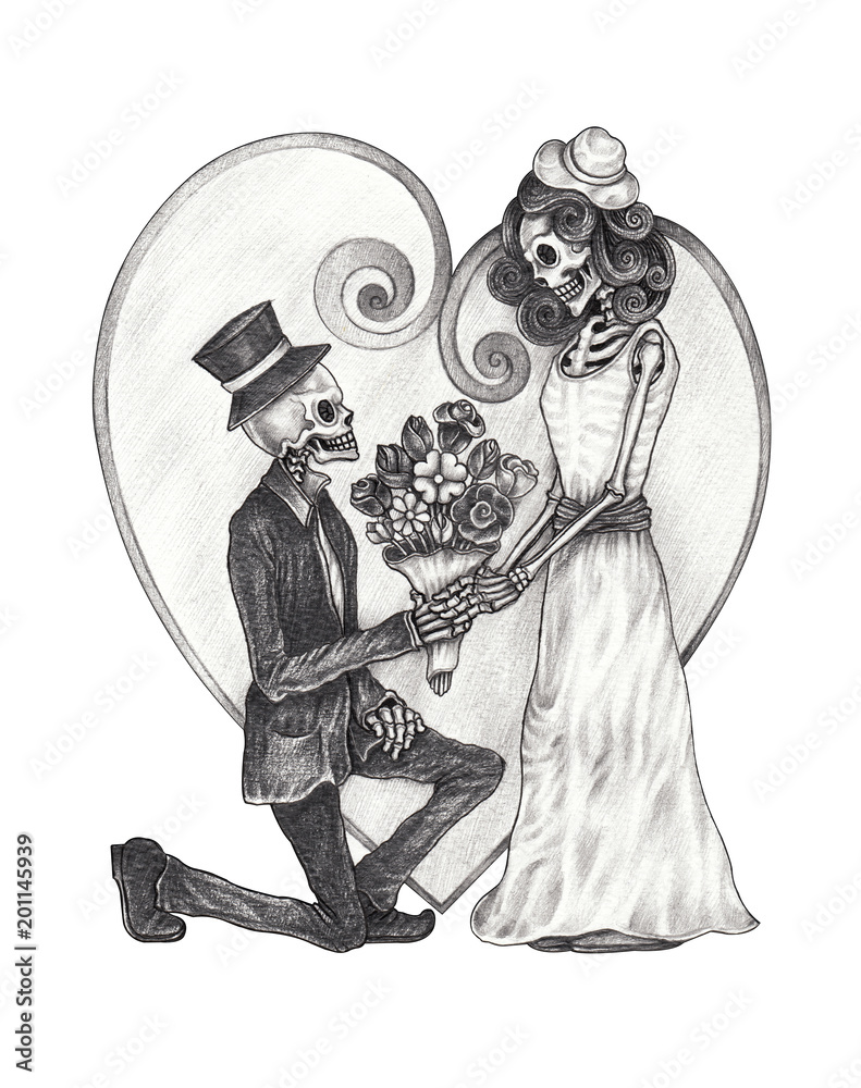 Art In Love Wedding Skulls. Hand pencil drawing on paper. Stock ...