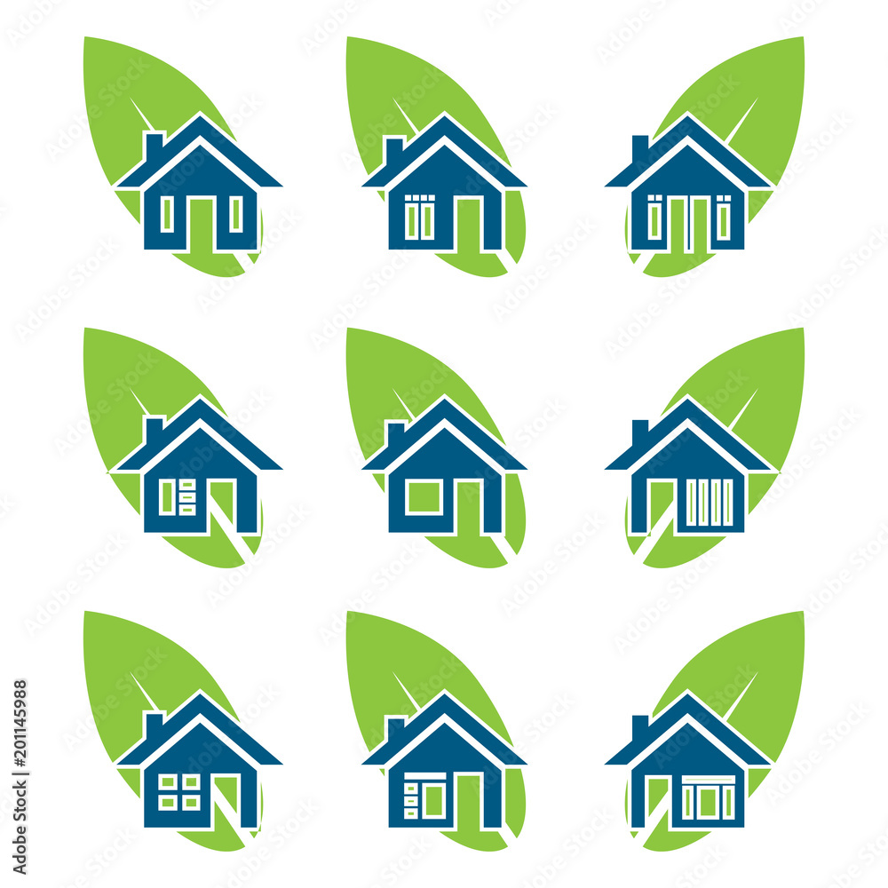 Fototapeta premium House and leaf set icon. Flat design