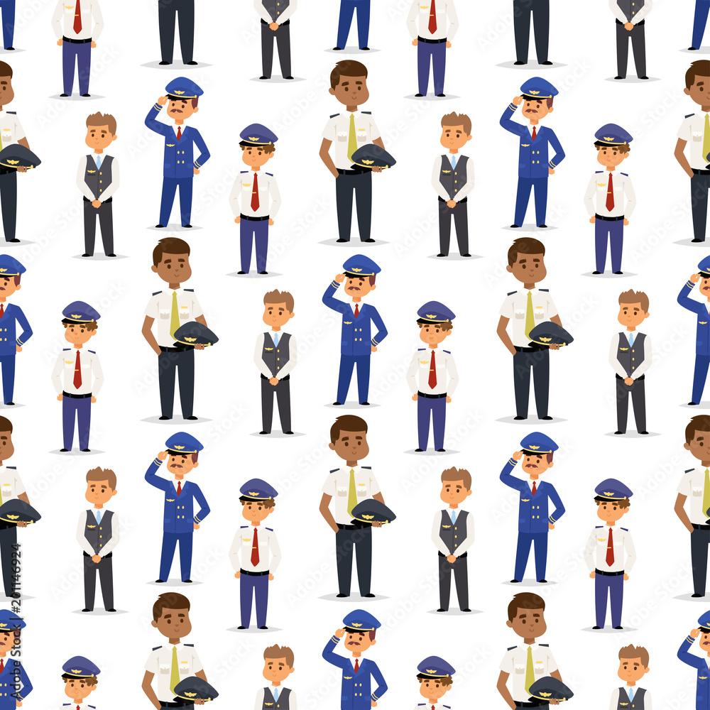 Pilots and stewardess vector illustration airline character plane personnel staff air hostess flight attendants people command seamless pattern background.