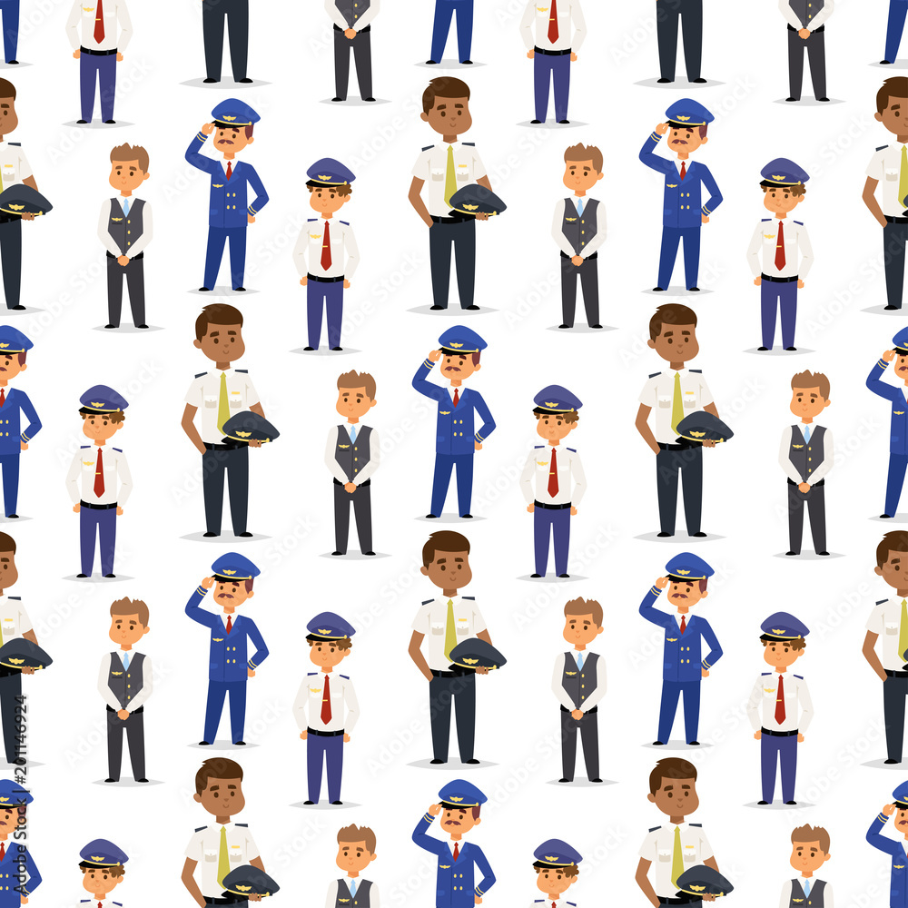 Pilots and stewardess vector illustration airline character plane personnel staff air hostess flight attendants people command seamless pattern background. Pilots and stewardess vector illustration airline character plane personnel staff air hostess flight attendants people command seamless pattern background.