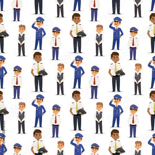 Pilots and stewardess vector illustration airline character plane personnel staff air hostess flight attendants people command seamless pattern background.