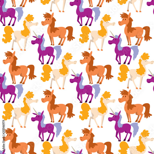 Horse pony stallion vector breeds color farm equestrian mammal domestic animal mane zoo character illustration seamless pattern background.