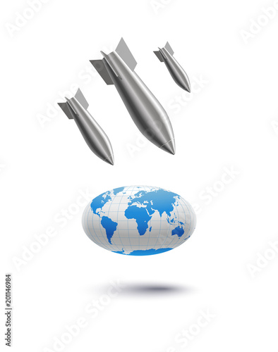 realistic stylized aerial bomb falls on planet globe