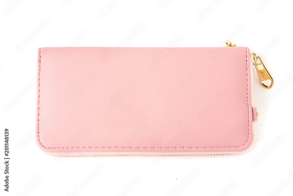 Closeup modern pink woman wallet on white background Closeup modern pink woman wallet on white background