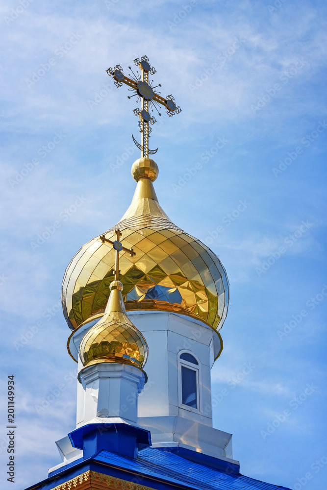 View of Small Rural Orthodox Chapel with Golden Dome at Sun Summer Day