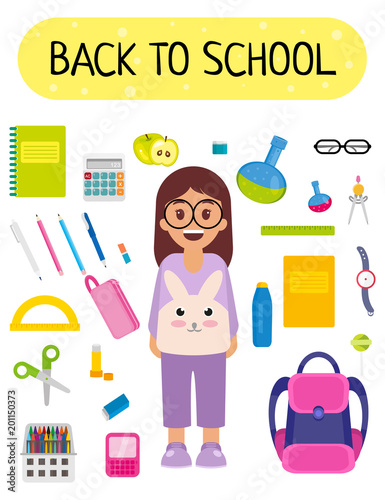 Pupil at school, back to school, school things as pens, pencils, copybooks, glasses, schoolbag and others.