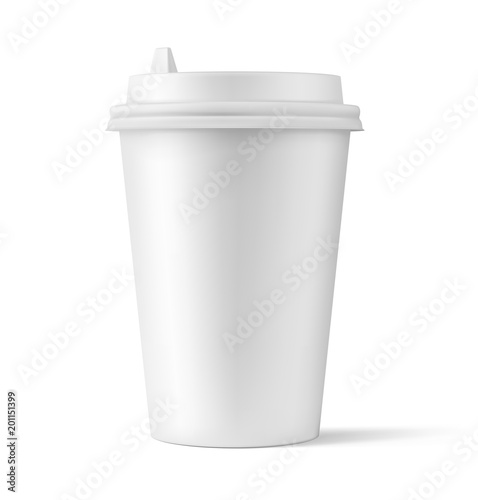 Realistic blank mock up paper cup with plastic lid. Coffee to go, take out mug. Vector illustration isolated and can be use for any backgrounds. EPS10.