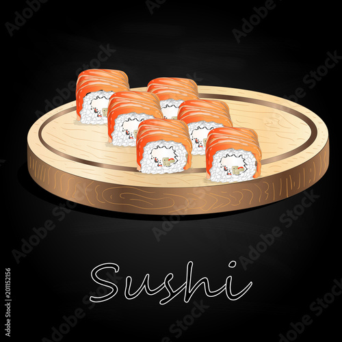 Various kinds of sushi served on wood desk black background.