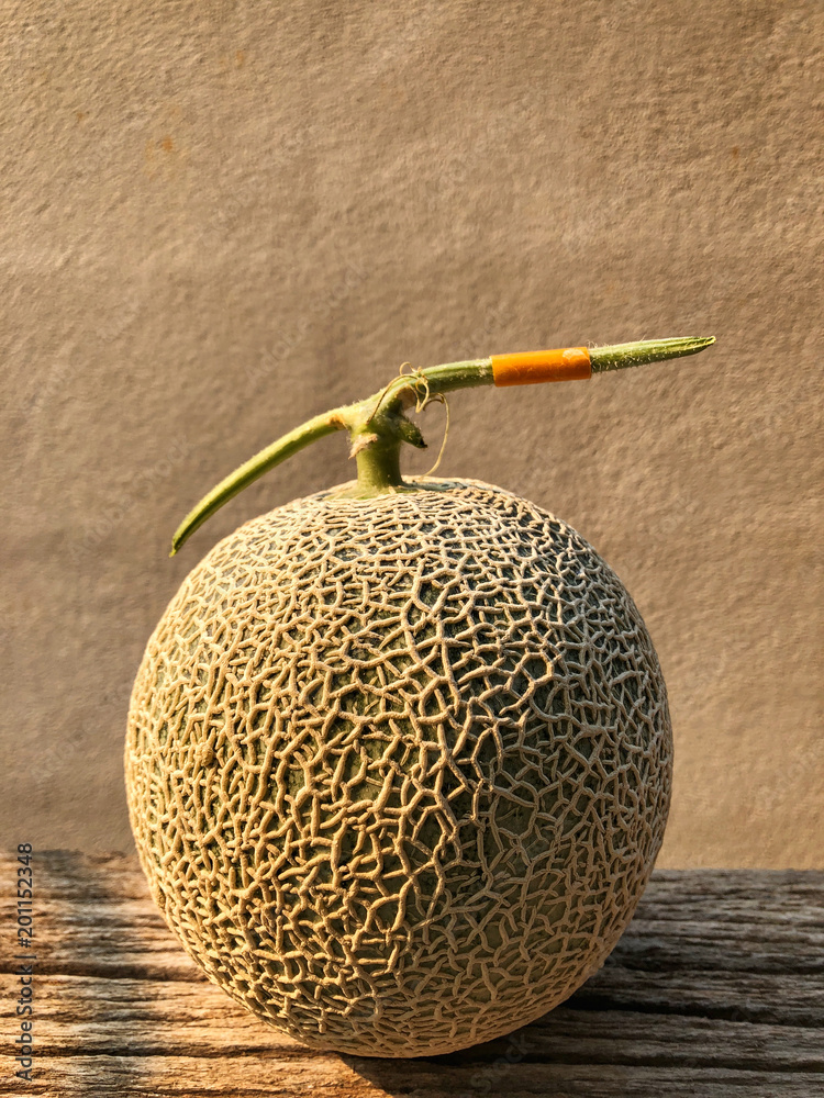 Fresh Japanese melon on the wooden table and cement background with natural sunlight. Organic fresh farm. Top view and Copy space