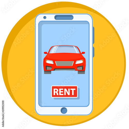 Mobile phone icon. The smartphone with mobile a application online car rent. Vehicle front view.Electronic digital device.  line art flat vector.
