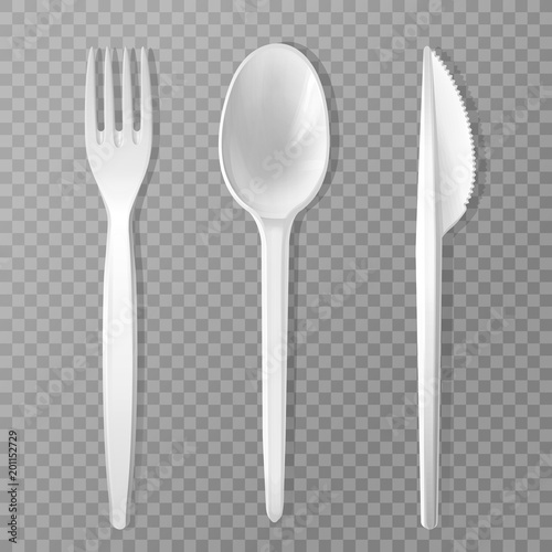 Vector disposable fork, knife and spoon. Realistic plastic kitchen utensil, serving set. Flatware mockup for picnic lunch, restaurant, cafe menu design. 3d cutlery, kitchenware illustration isolated.