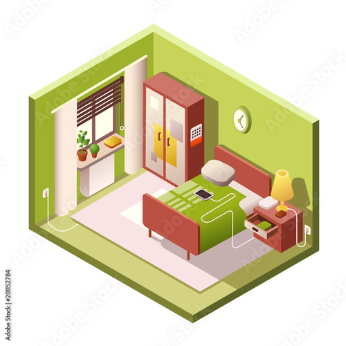 Bedroom isometric vector illustration of modern small room interior with furniture in cross section. Isometric bedroom bed, wardrobe and lamp on drawer, clock on wall and window with jalousie shutters