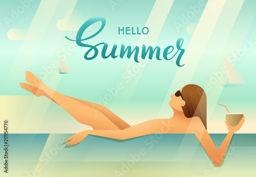 Woman enjoying sunbathing having good time in swimming pool and holding coconut in hand. Hello Summer handmade lettering Vector illustration