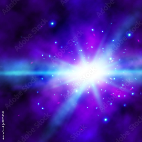 Vector abstract background with a flash light. Realistic cosmic scene.