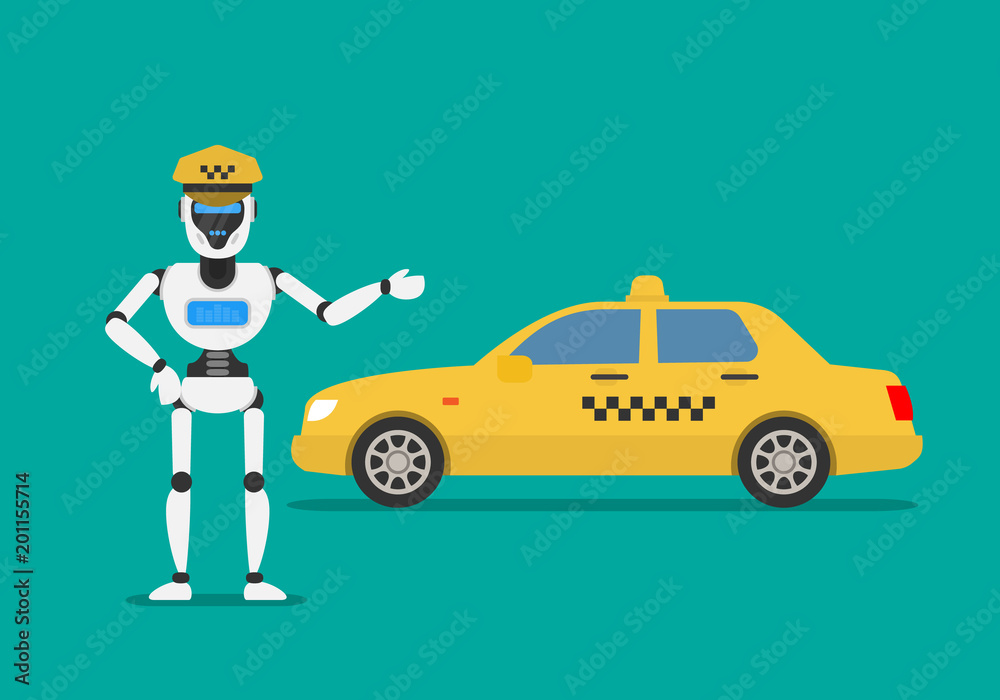 robot humanoid taxi driver near yellow car Stock Vector | Adobe Stock