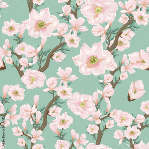 Seamless pattern with pink flowering branches © Hmarka