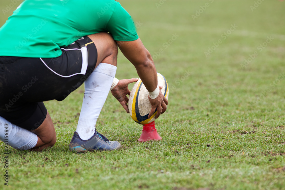 rugby player preparing to kick the oval ball during game rugby player preparing to kick the oval ball during game