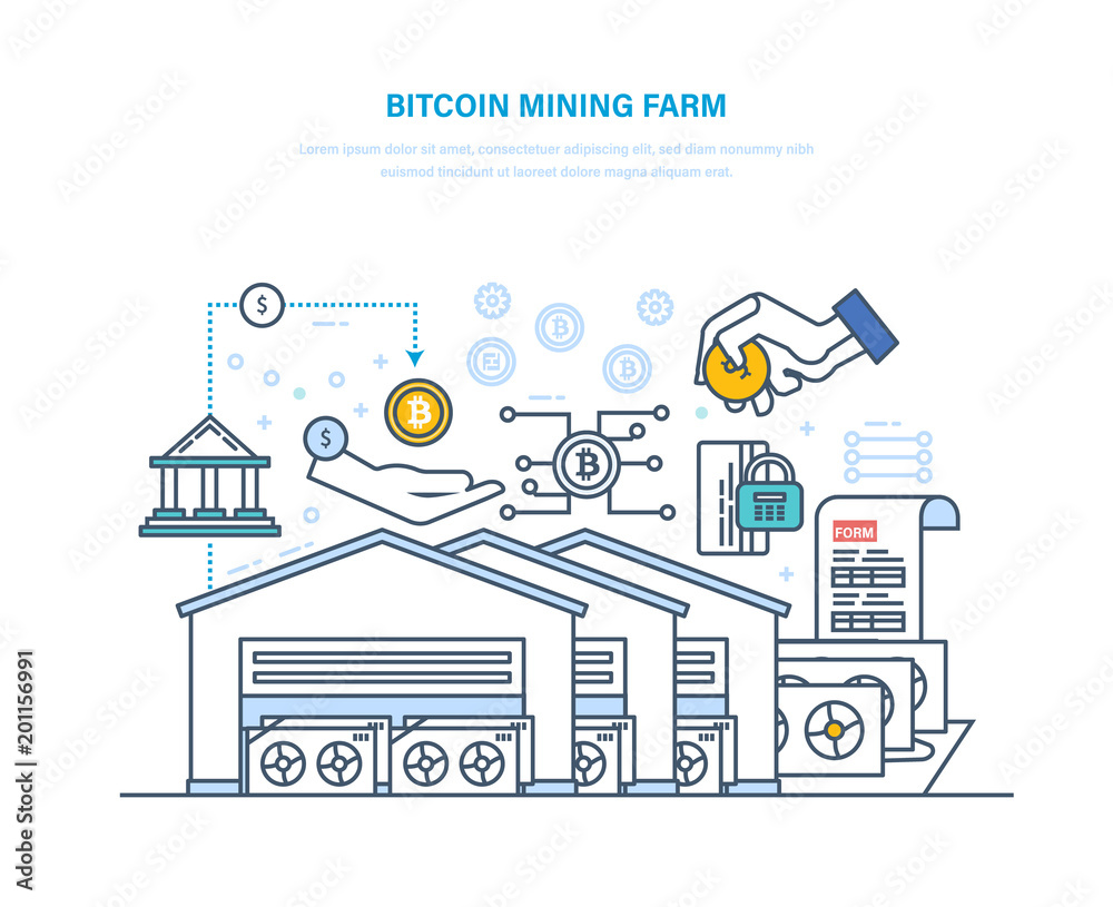 Bitcoin mining farm. Computer data processing center, implementation, processing transactions.