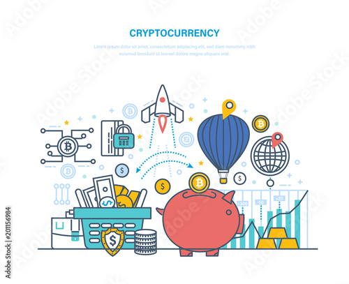 Cryptocurrency and cryptography. Financial operations with electronic money, turnover bitcoin.