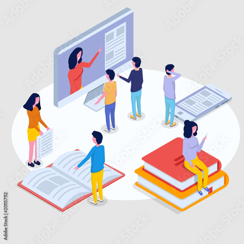 Online education isometric concept,  training courses. 3d isometric people. Vector illustration.