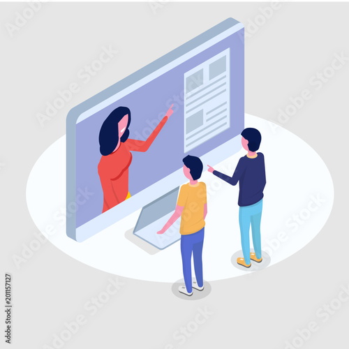 Online education isometric concept,  training courses. 3d isometric people. Vector illustration.