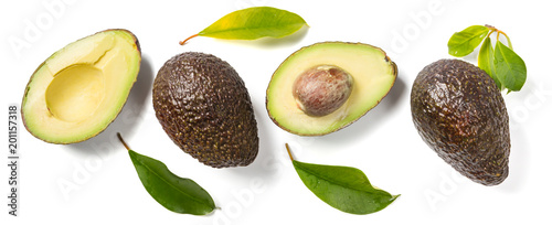 Slices of avocado on white background. Whole and half with leaves. Design element for product label