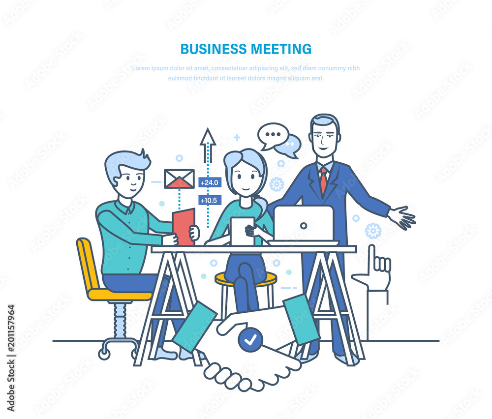 Business meeting. Corporate partnership meeting, cooperation negotiations, discussion business strategies.