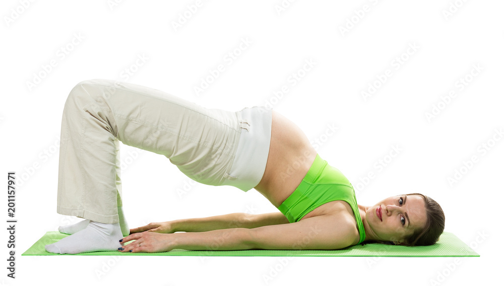 Pregnant woman making exercise, isolated on white Pregnant woman making exercise, isolated on white