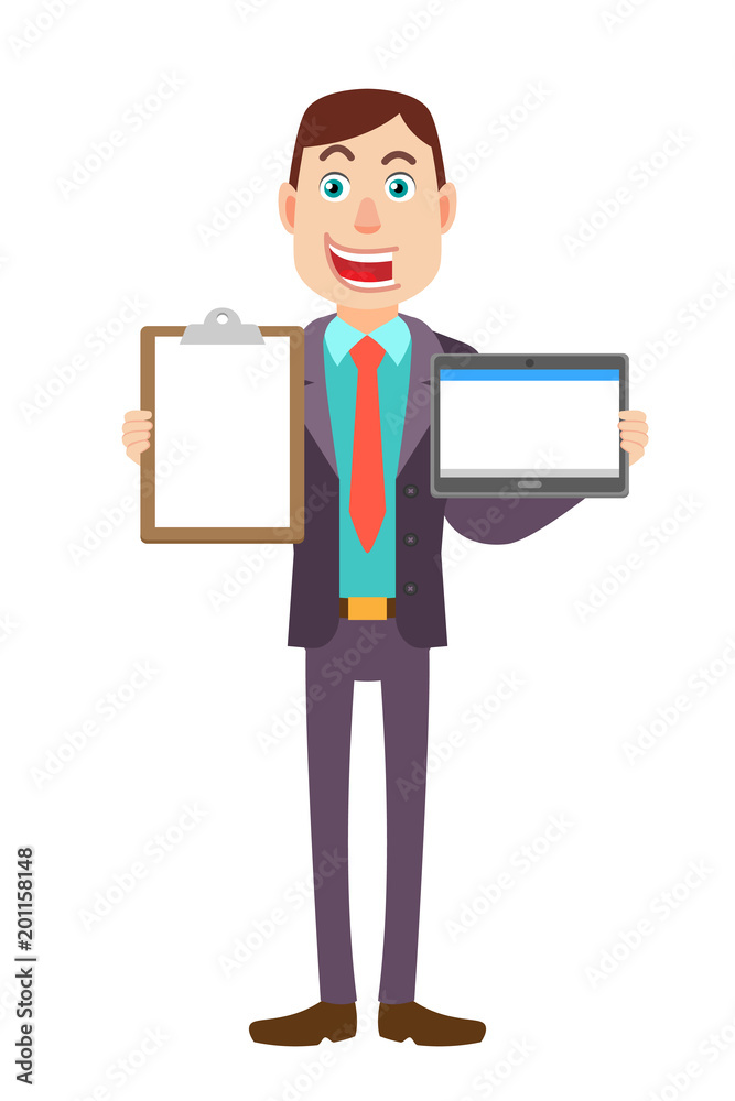 Businessman holding tablet PC and clipboard Businessman holding tablet PC and clipboard