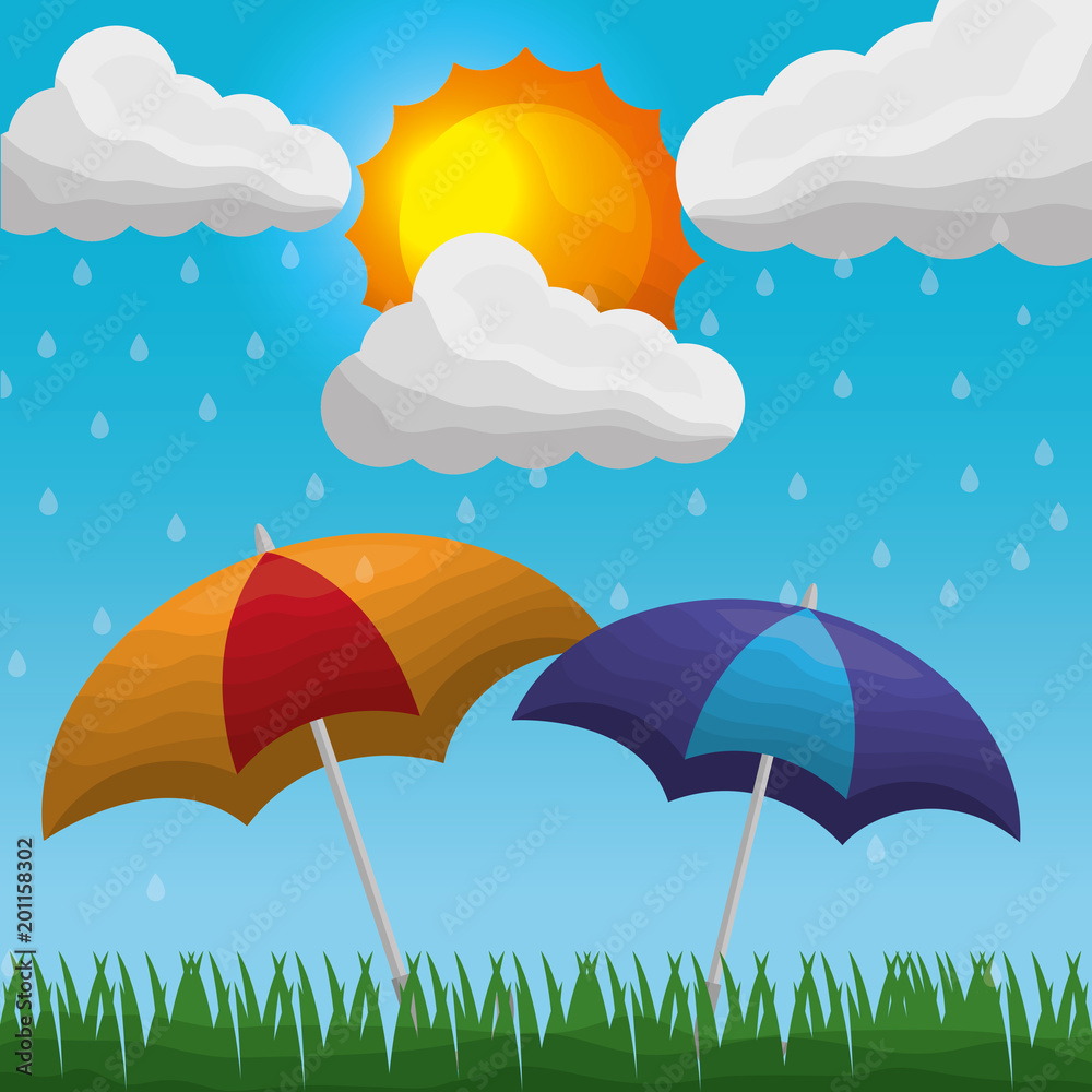 Fototapeta premium umbrellas on meadow rain drops sun shiny clouds