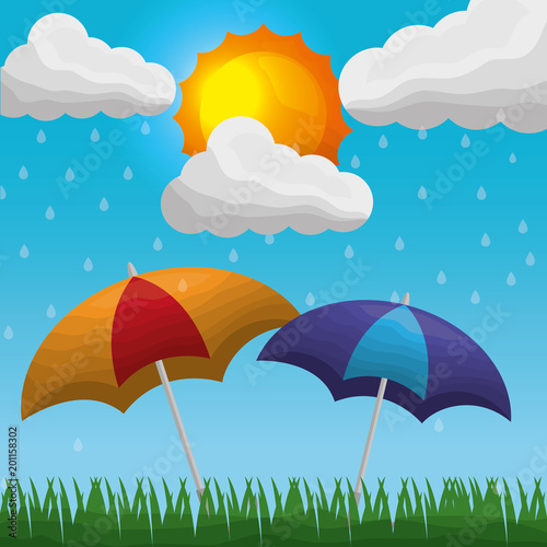 umbrellas on meadow rain drops sun shiny clouds